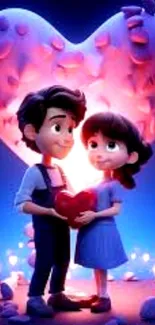 Romantic animated couple under a glowing heart.