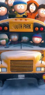 Animated school bus with characters in snow.