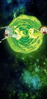 Animated characters entering a glowing sci-fi portal in space.