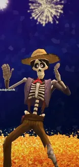 Animated skeleton celebrates under fireworks on a colorful background.