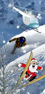 Animated Santa skiing with helicopter in snowy mountains.