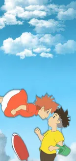 Animated characters floating in a blue sky with clouds.