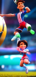 Two animated soccer players in action on a field with a large ball.