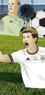 Animated soccer players with ball on vibrant green field background.