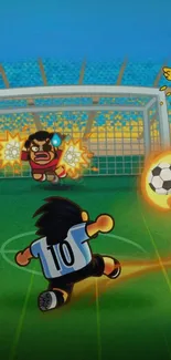 Animated soccer player shooting goal with dynamic effects.