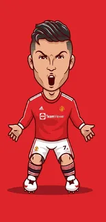 Cartoon soccer player in a red jersey on a bright red background.