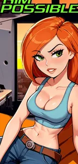 Cartoon redhead in stylish outfit with orange background.