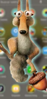 Animated squirrel holding acorn on mobile wallpaper.