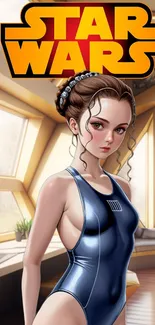 Animated Star Wars character in blue outfit with modern room background.