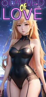 Animated girl under a starry sky, wearing a sleek outfit.