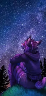 Fox gazing at starry night sky with cosmic hues.