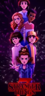 Animated Stranger Things characters with dark fireworks background.