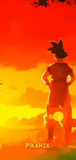 Anime warrior silhouette against a vivid red-orange sunset sky, perfect for mobile.