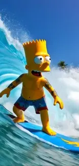 Surfing cartoon character riding a wave.