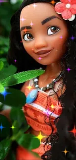 Animated character in tropical setting with lush greenery.