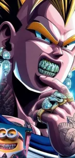 Villain character with tattoos and jewelry in vibrant anime style.