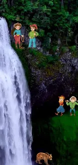 Animated characters explore lush forest waterfall.