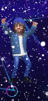 Animated character in blue with snowflakes and neon background.