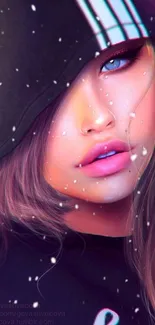 Animated hooded portrait with snowfall effect on a mobile wallpaper.