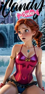 Red-haired animated princess in winter castle scene.