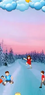 Animated children playing in a whimsical winter landscape.