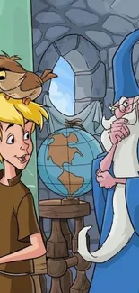 Animated wizard and apprentice with globe in medieval setting.