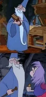 Animated wizard in blue robe holding book, magical scene.