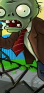 Animated zombie cartoon in suit with red tie on colorful backdrop.