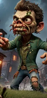 Quirky animated zombie in a deserted street setting with a humorous vibe.