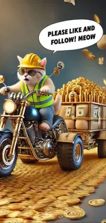 Cartoon cat biker on gold coin trail wallpaper.