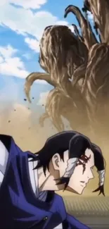 Anime character facing a giant tree with a sky background.