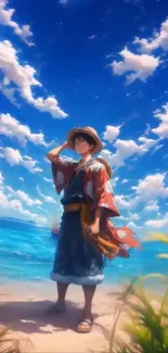 Anime character stands on the beach under a vibrant blue sky.