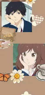 Anime aesthetic wallpaper with characters, flowers, and a vintage tea theme.