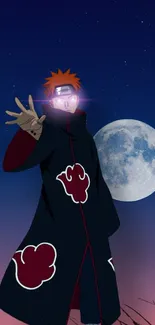 Anime character with moon in dark cloak.