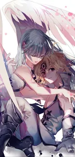 Anime characters in an angelic embrace with wings and soft pastel colors.