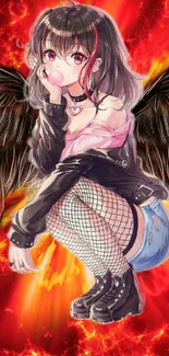 Anime angel girl with fiery background.