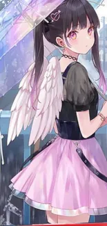 Anime girl with wings and umbrella in a vibrant scene.