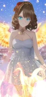 Anime angel with glowing wings in a sparkling sky.