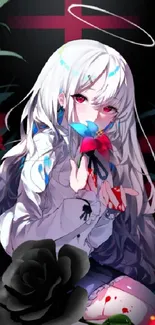 White-haired anime angel surrounded by red flowers.