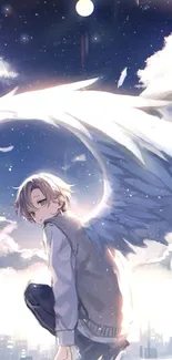 Anime angel with wings at night sky, city below.