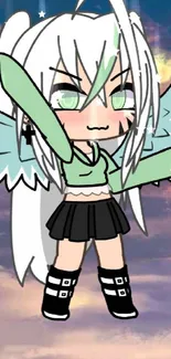 Anime angel with wings in a vibrant sky.