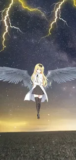 Anime angel with wings in stormy sky, lightning above.