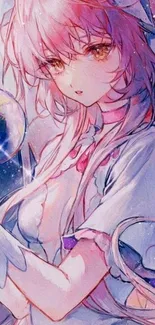 Ethereal anime girl in celestial attire with cosmic background.