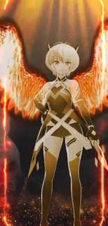 Anime angelic warrior with fiery wings wallpaper.