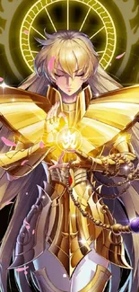 Anime warrior in golden armor with radiant energy and angelic features.