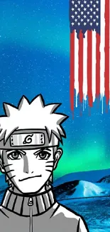 Anime character in arctic landscape with American flag.