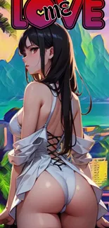 Anime girl near a colorful tropical beach.