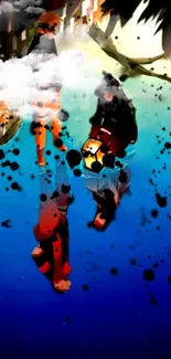 Anime characters in blue water reflection art scene.