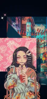 Anime character in vibrant street setting phone wallpaper.