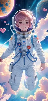 Anime astronaut floating in vibrant space.